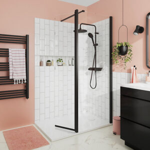 Paroi de douche à l'italienne fixe avec volet l.80+45 x H.195 cm, verre transparent, profilés alu noir, GoodHome Ledava