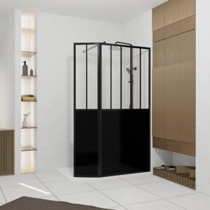 Paroi de douche avec volet pivotant l.90+40 x H.200 cm, style verrière atelier noir mat, Galedo Black Indus